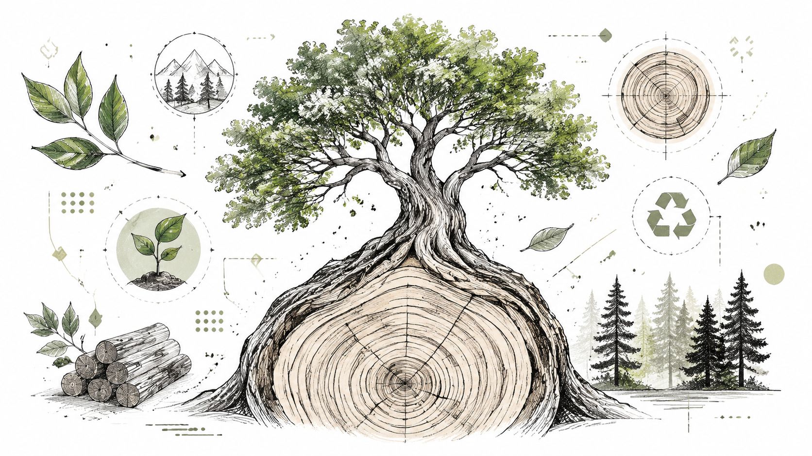 En detaljeret illustration af et træ, der vokser op fra en træstub med årringe og naturmotiver.