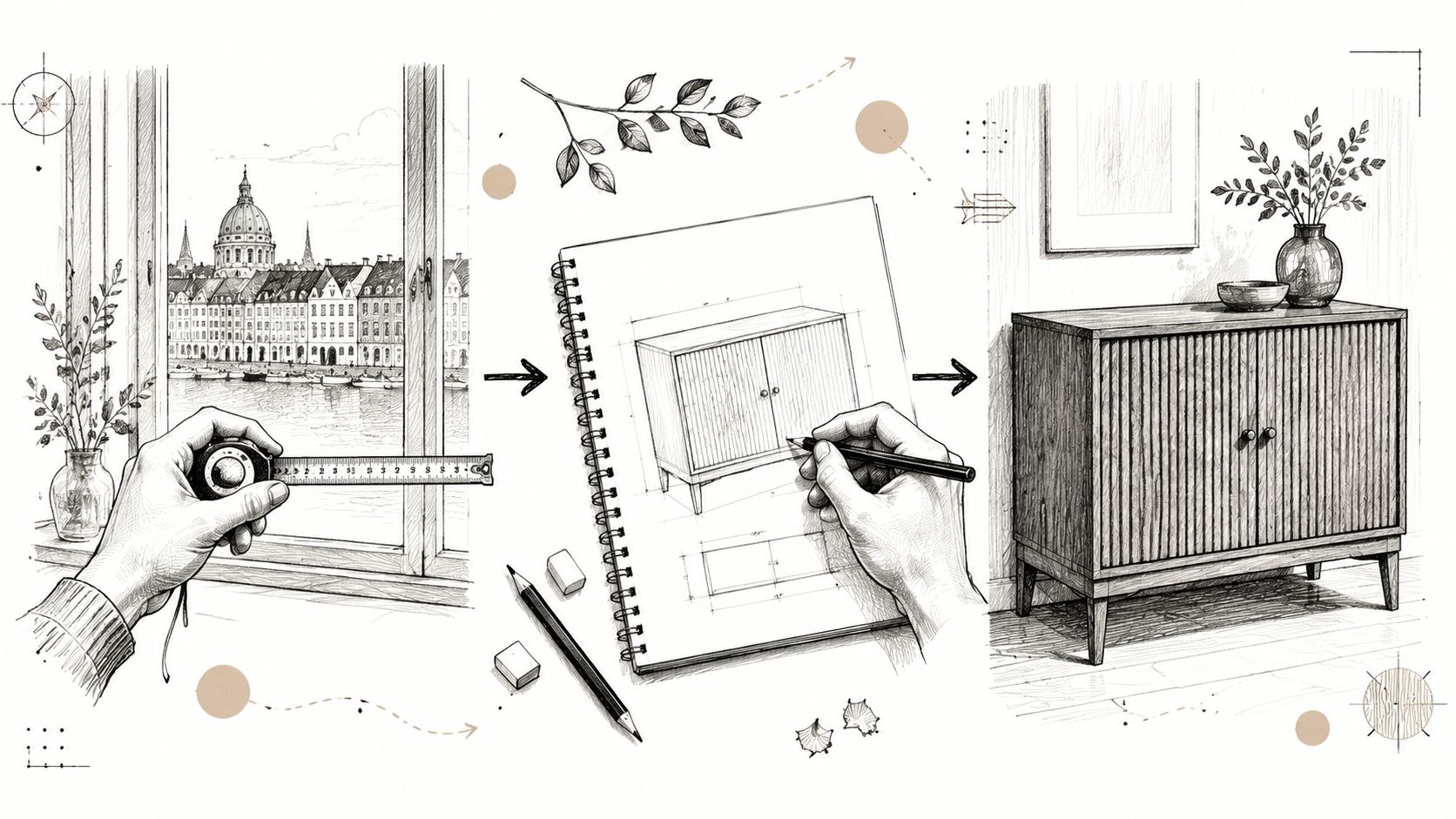 Illustration af en proces, hvor et målebånd bruges til opmåling, skitsering i en blok og færdigt møbeldesign.