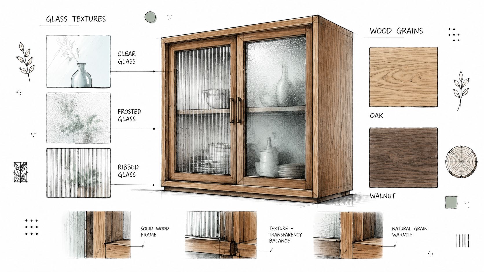 Skitse af et elegant træskab med forskellige glasoverflader, træsorter og detaljerede konstruktionstegninger til indretningsdesign.