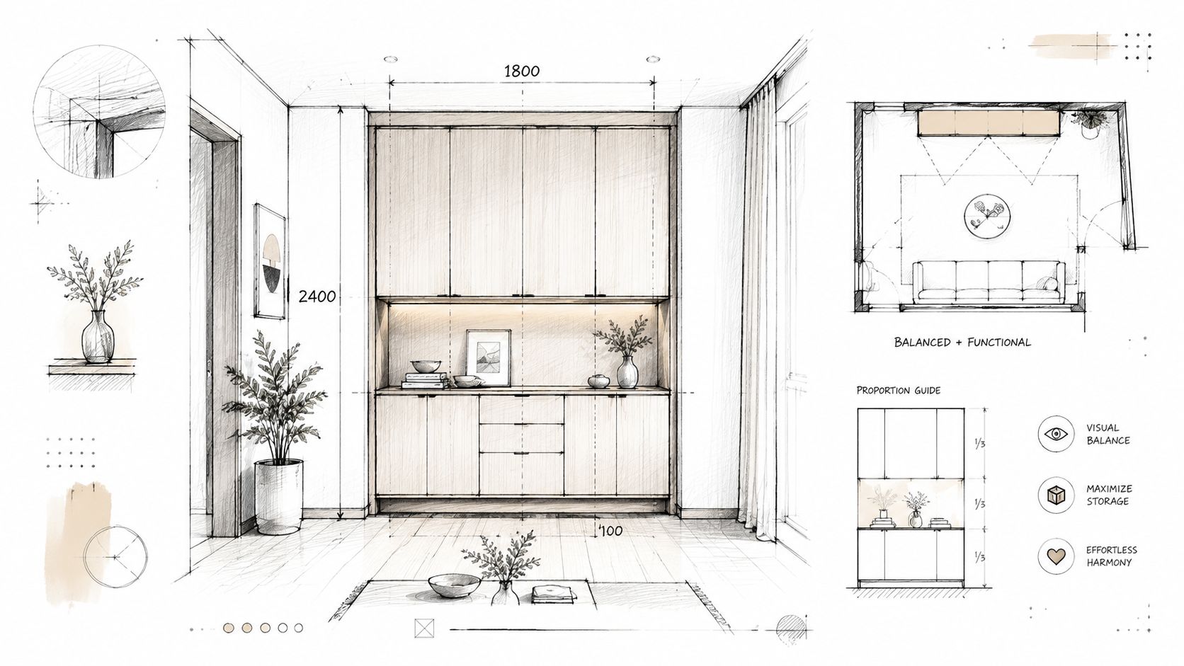 En detaljeret arkitektonisk skitse af en moderne stue med indbygget skab med glas og dekorative elementer.