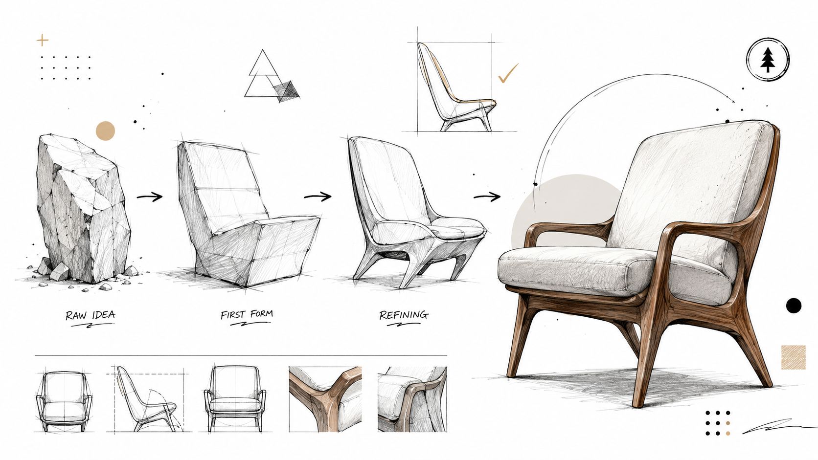 En skitseringsproces der viser udviklingen af en stol fra en rå stenform til et færdigt møbeldesign.