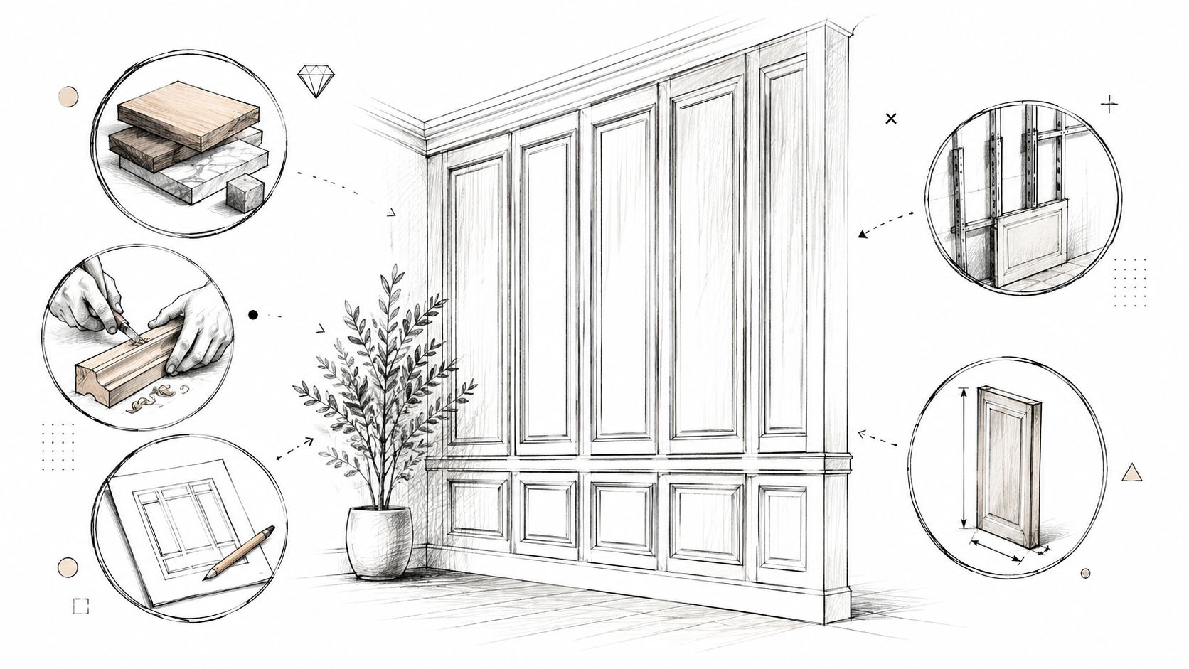 Illustration af vægpaneler med forskellige faser, fra materialevalg og design til montering af panelerne på væggen.