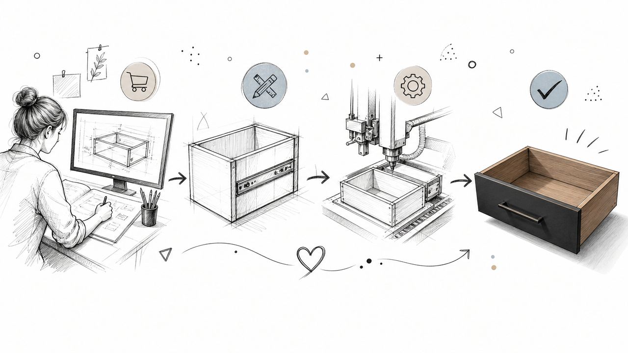 En illustration der viser design og produktion af skuffer på mål fra tegnebræt til færdigt produkt.
