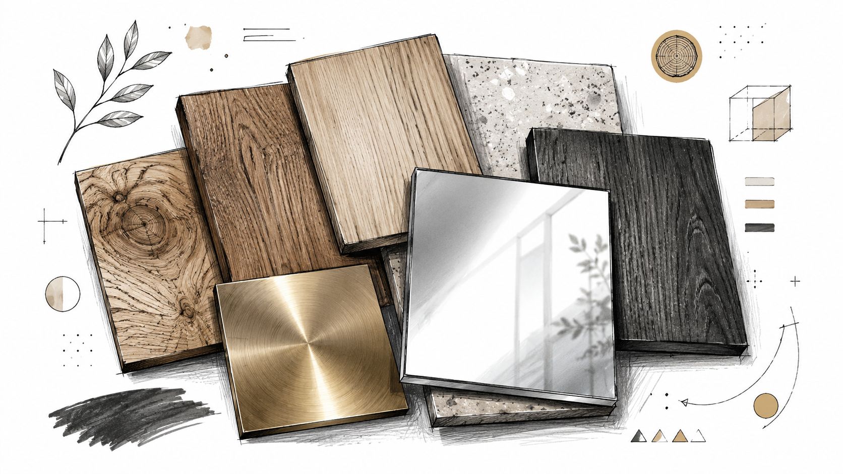 Et moodboard med forskellige materialer som træ, metal, spejl og sten til indretning af et entremøbel.