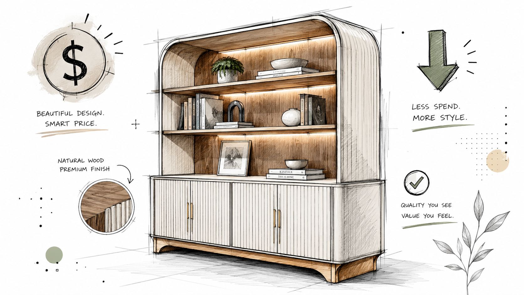En elegant tegning af en reol med belysning, naturligt træfinish og moderne design med opbevaringsskabe.