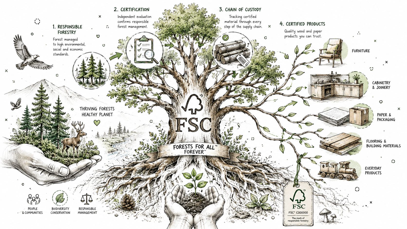 En illustration der forklarer FSC certificeringsprocessen for bæredygtigt træ fra skov til færdige produkter.