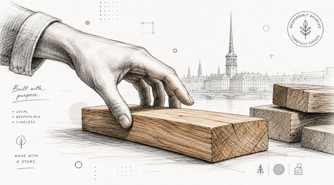 En kunstnerisk illustration af en hånd, der placerer et stykke træ foran en smuk byskitse.