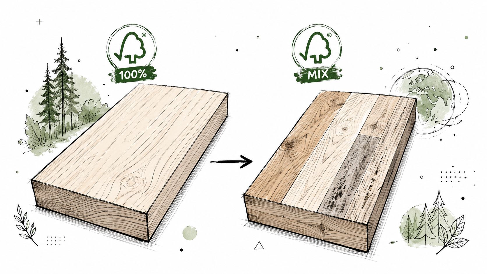 Illustration der viser forskellen på 100% FSC-certificeret træ og FSC-Mix træ med forskellige træteksturer.