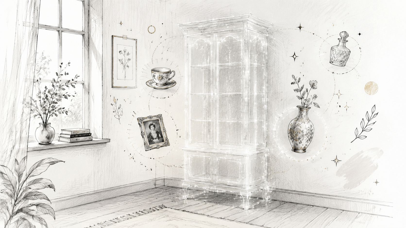 En elegant tegnet illustration af et vitrineskab med glaslåger omgivet af svævende dekorationer i et lyst værelse.