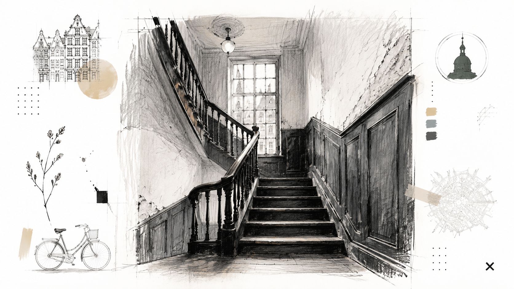 En detaljeret arkitektonisk skitse af en klassisk trappeopgang med høje paneler og et stort vindue.