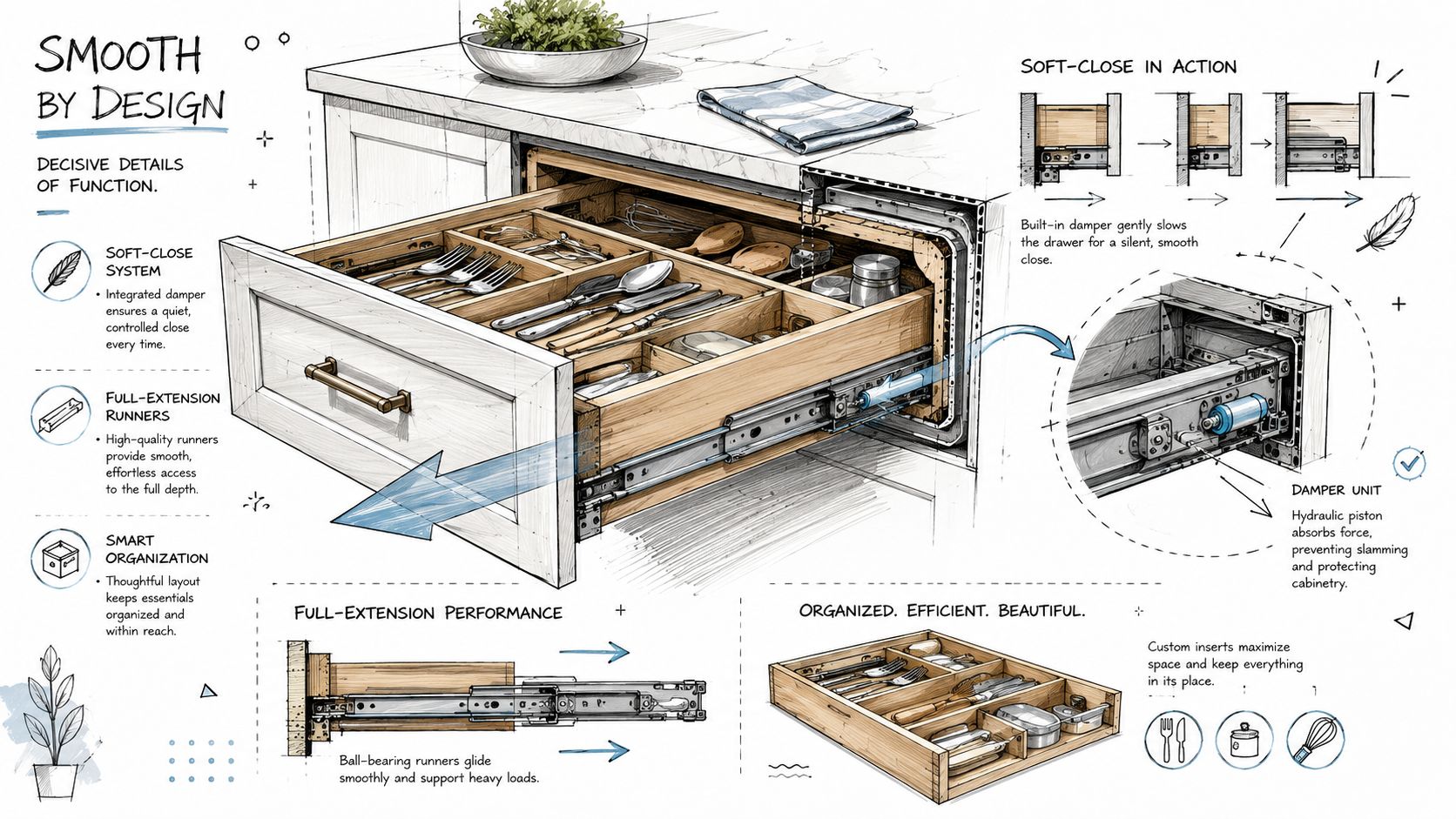 Illustration af en køkkenskuffe med soft-close system, fuldt udtrækkelige skinner og organiseret opbevaring til bestik og køkkenredskaber.