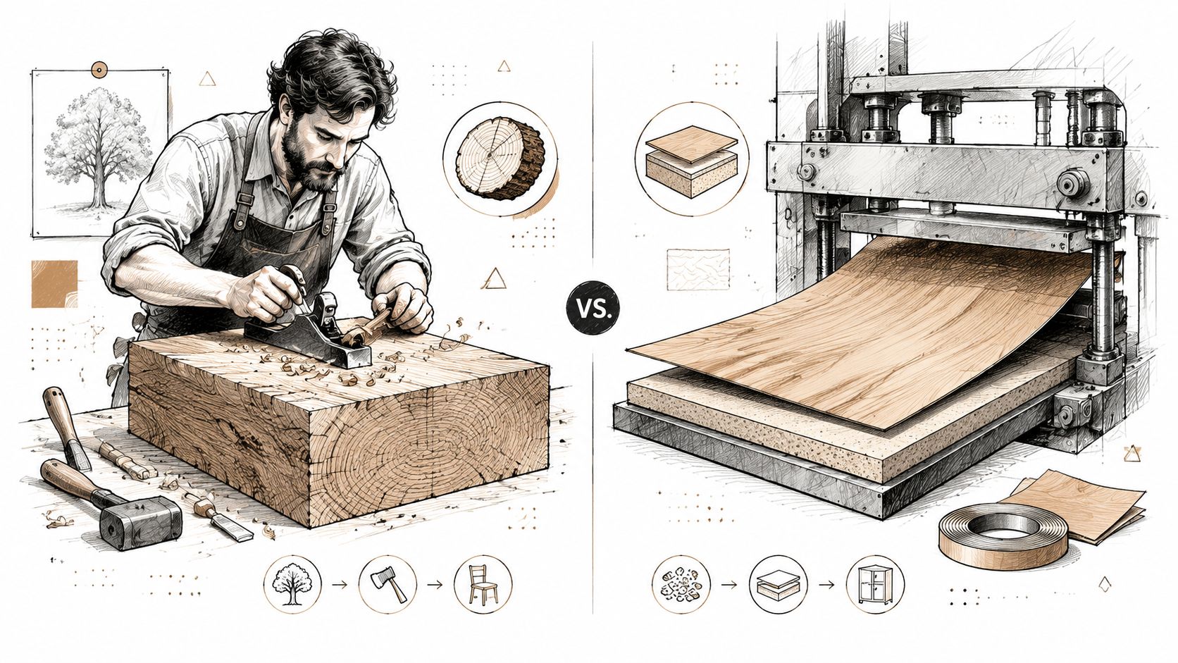 En illustration der sammenligner traditionelt snedkerarbejde med massivt træ og moderne industriel produktion af fineret træplader.