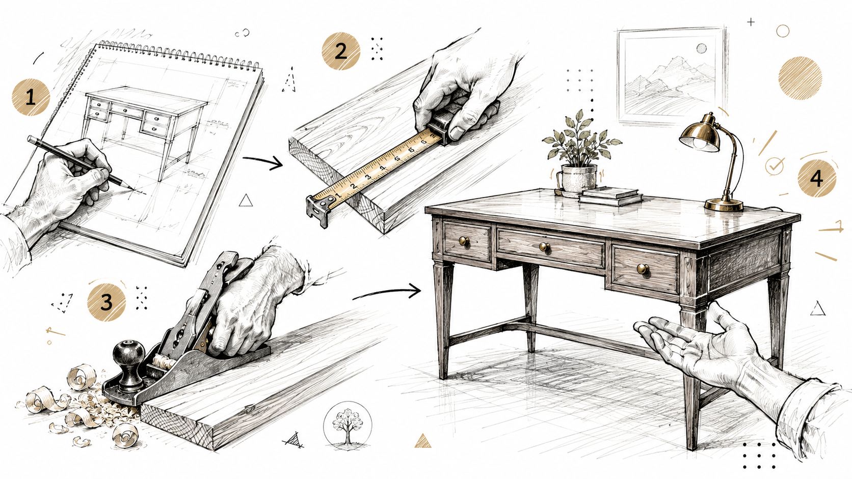 En kunstnerisk illustration der viser processen med at designe og bygge et skrivebord i træ trin for trin.