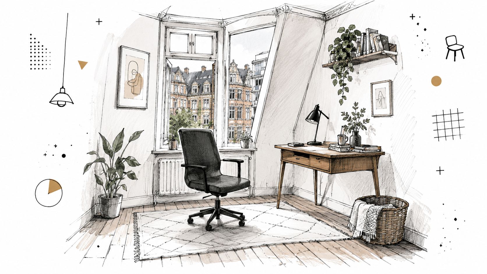 En hyggelig tegning af et hjemmekontor med udsigt til klassiske københavnske bygninger gennem et stort vinduesparti.