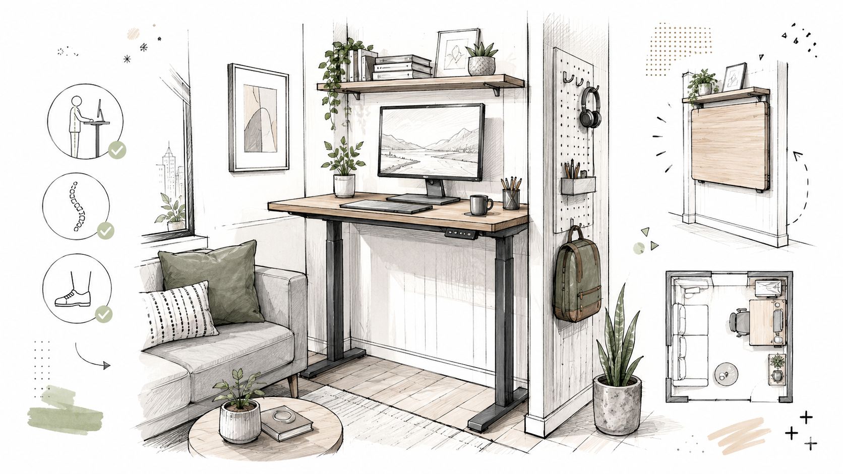 En skitse af en kompakt stue med et moderne hæve-sænkebord til en ergonomisk arbejdsplads i hjemmet.