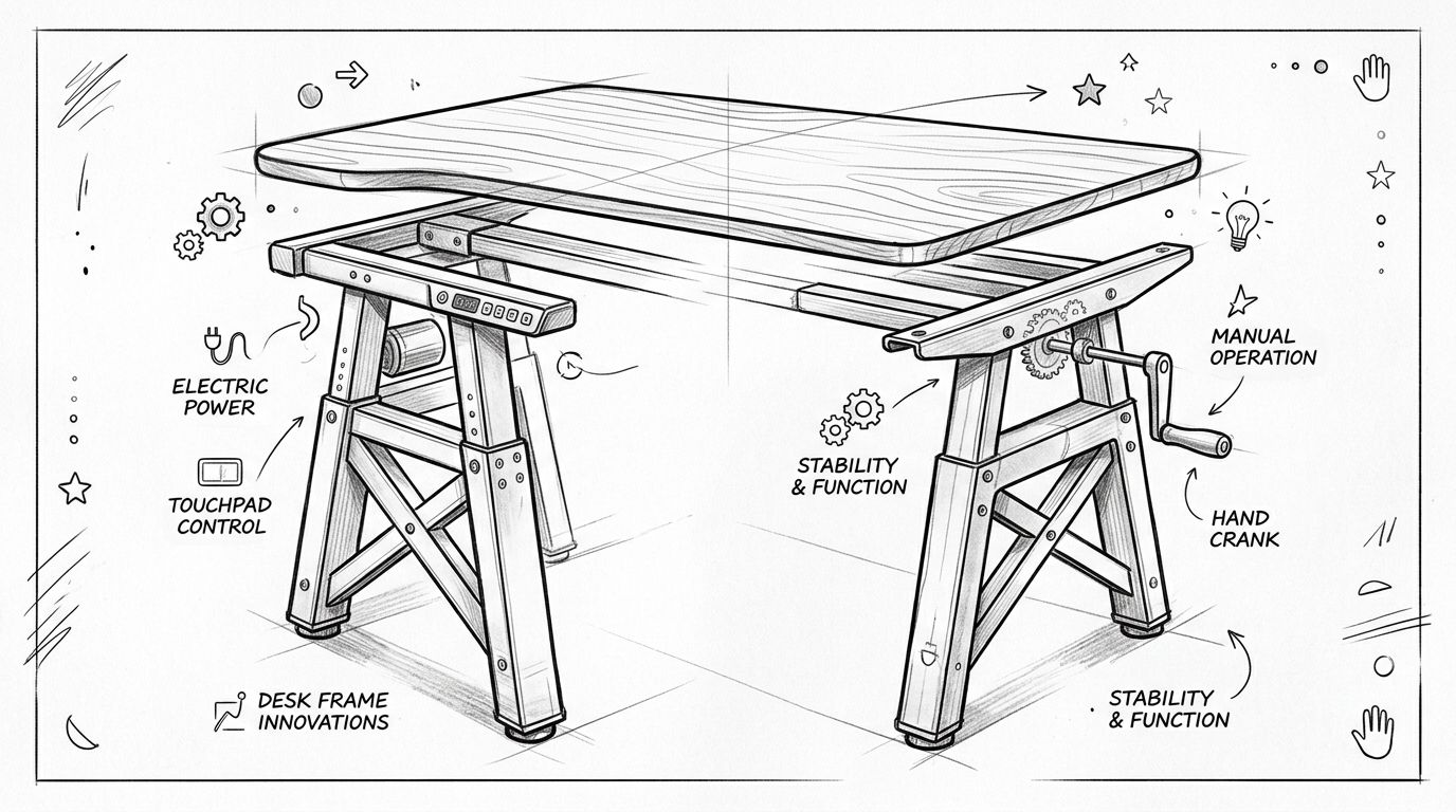 En detaljeret skitse af et innovativt hæve-sænkebord med både elektrisk styring og manuelt håndsving til højdejustering.