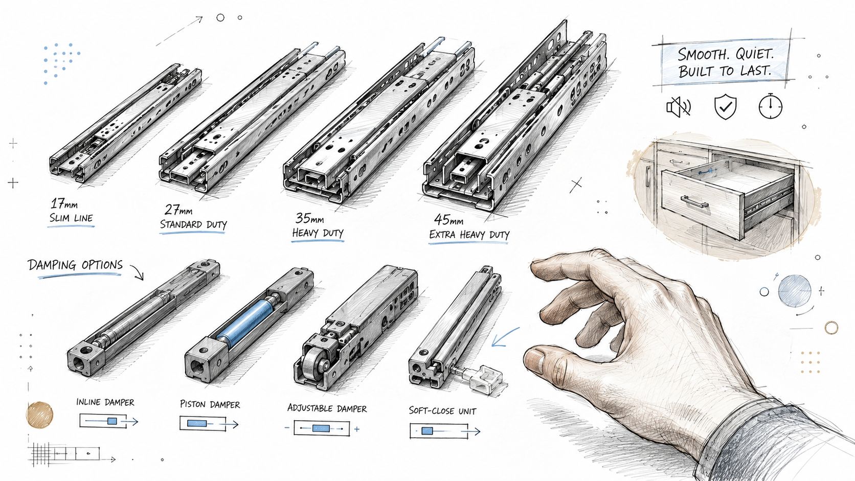 Tegning af forskellige typer metalskinner og dæmpningsmekanismer til møbelskuffer præsenteret som tekniske illustrationer til montering.