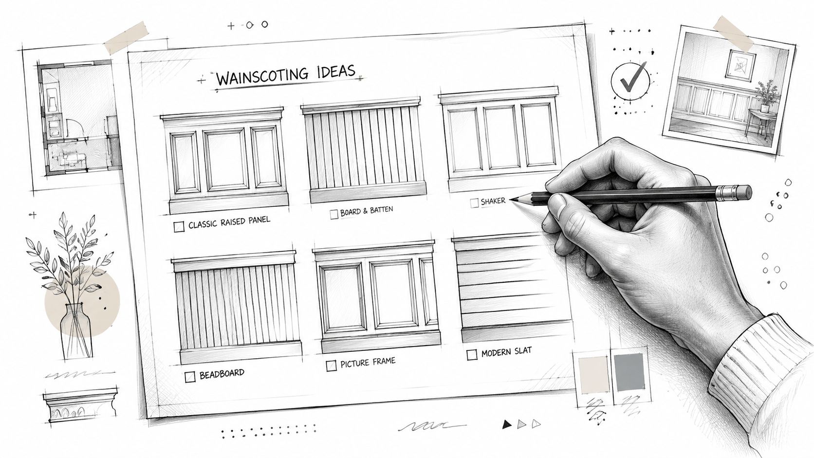 En hånd tegner forskellige typer vægpaneler på et ark papir med overskriften Wainscoting Ideas.