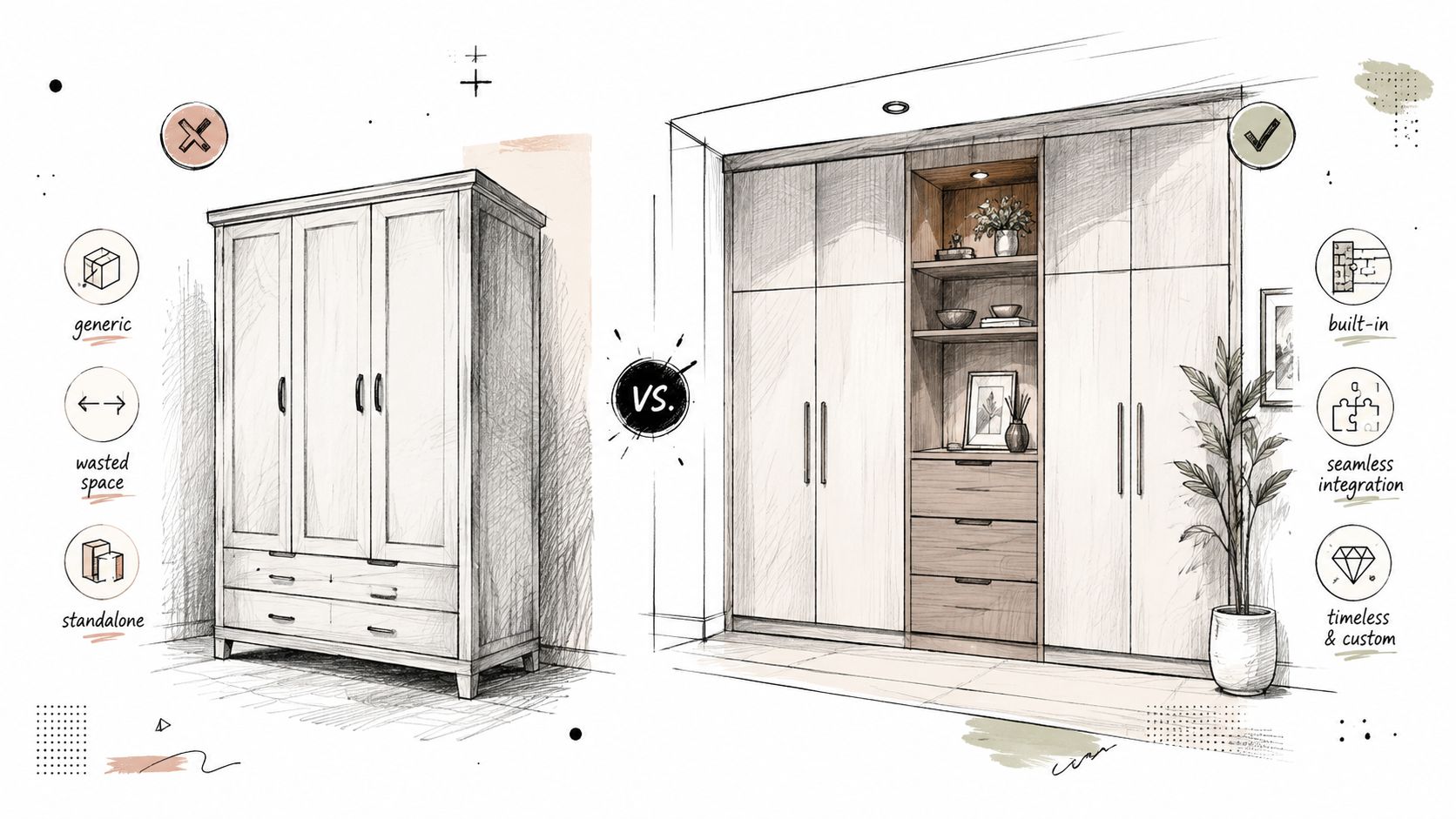 En illustration der sammenligner et fristående klædeskab med en specialbygget garderobeløsning for optimal udnyttelse af pladsen.