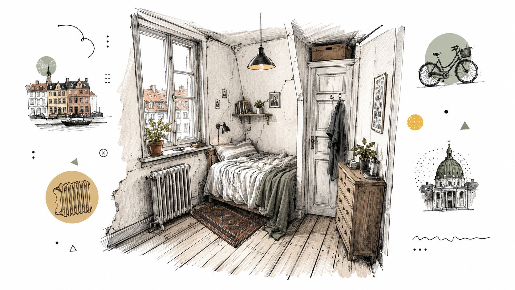 En hyggelig tegnet illustration af et soveværelse i skandinavisk stil med vintage detaljer og arkitektoniske skitser.