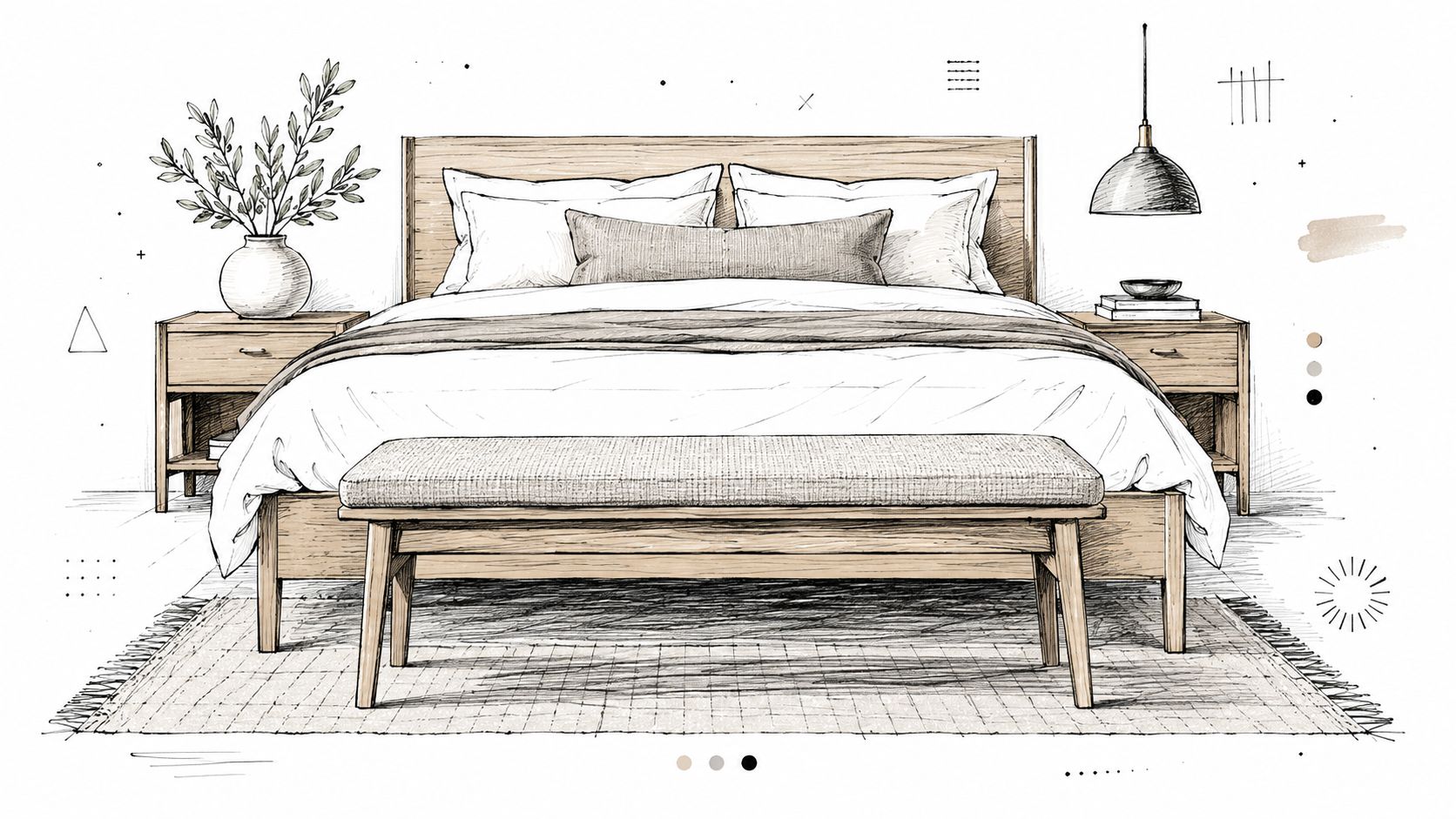 En elegant tegning af et moderne soveværelse med en træseng, sengebænk og matchende natborde i skandinavisk stil.
