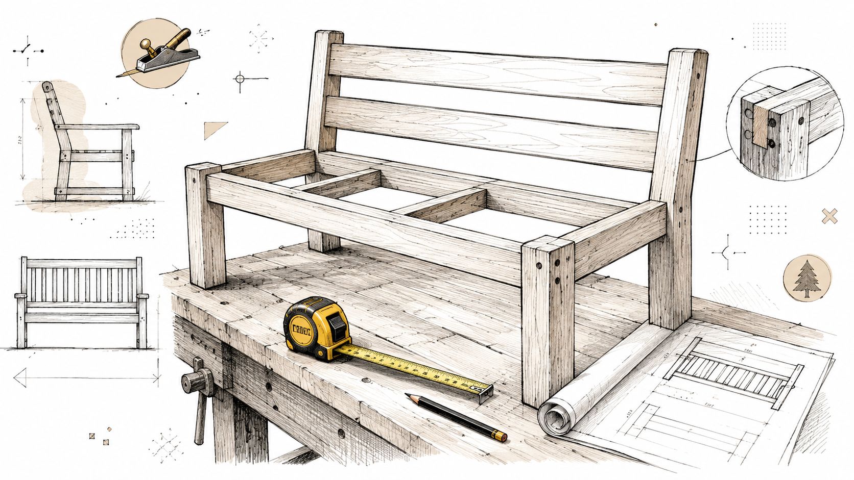 En detaljeret illustration af en træbænk under konstruktion på et snedkerværksted med målebånd og tegninger.