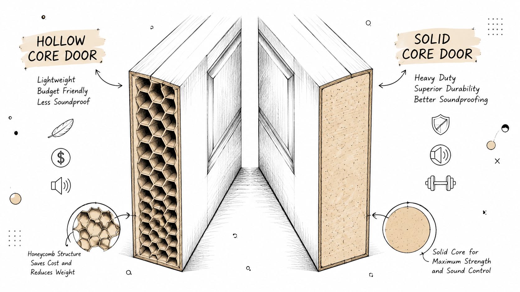 Illustration der sammenligner konstruktionen af en let hul dør med en massiv dør for bedre lydisolering.