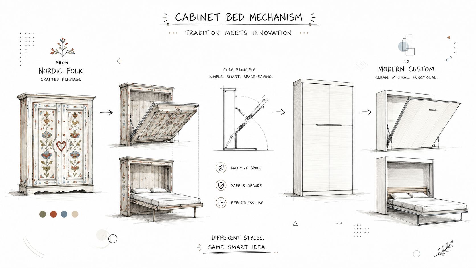Illustration af et skab med indbygget seng, der viser udviklingen fra traditionelt nordisk design til moderne stil.
