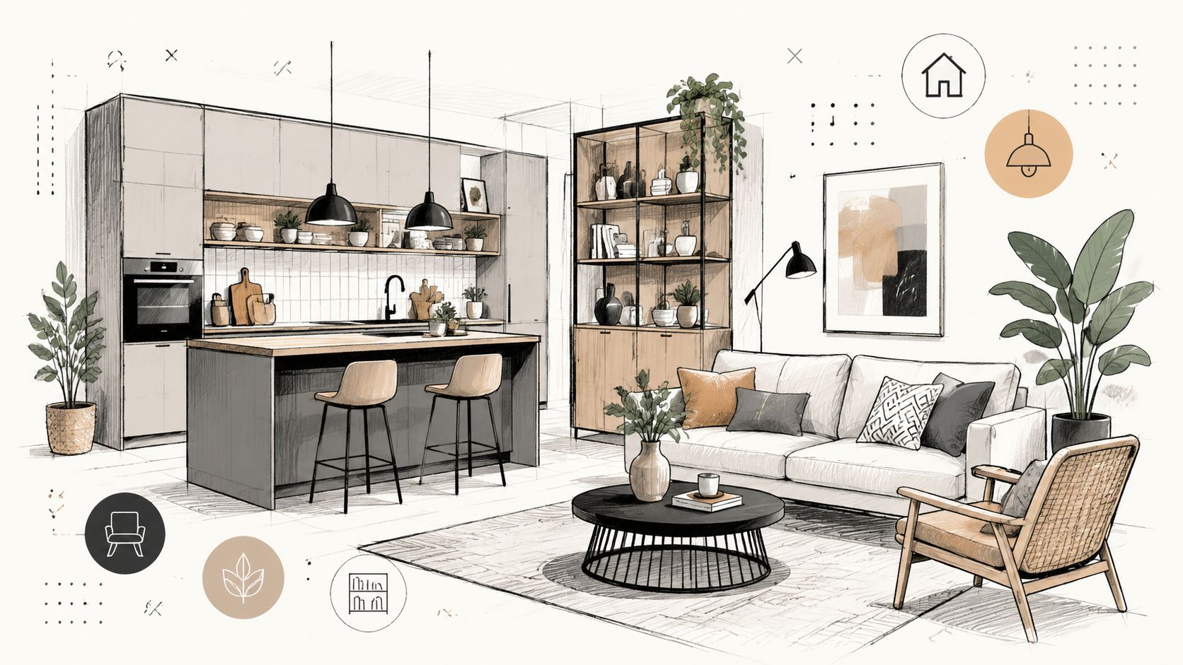 En moderne åben stue og køkken med hylder uden låger, minimalistisk indretning og stilfulde møbler i skitsestil.