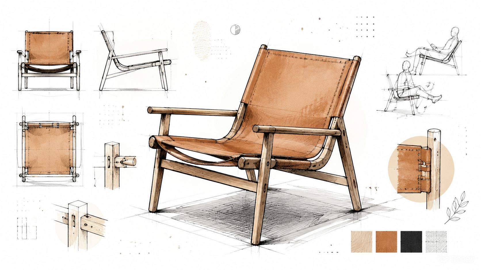 En detaljeret designskitse af en moderne lænestol med træstel og brunt lædersæde vist fra flere vinkler.