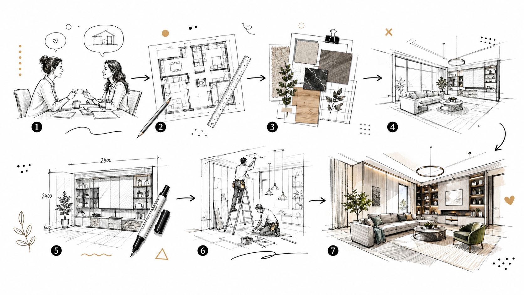 En proces-illustration der viser samarbejdet med en indretningsarkitekt fra første samtale til det færdige boligprojekt.