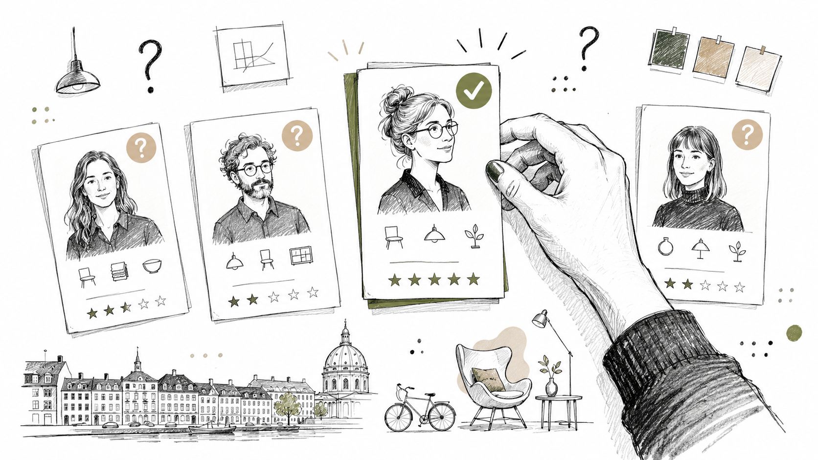 Hånd der vælger en indretningskonsulent til et designprojekt med Københavns skyline i baggrunden som illustration.