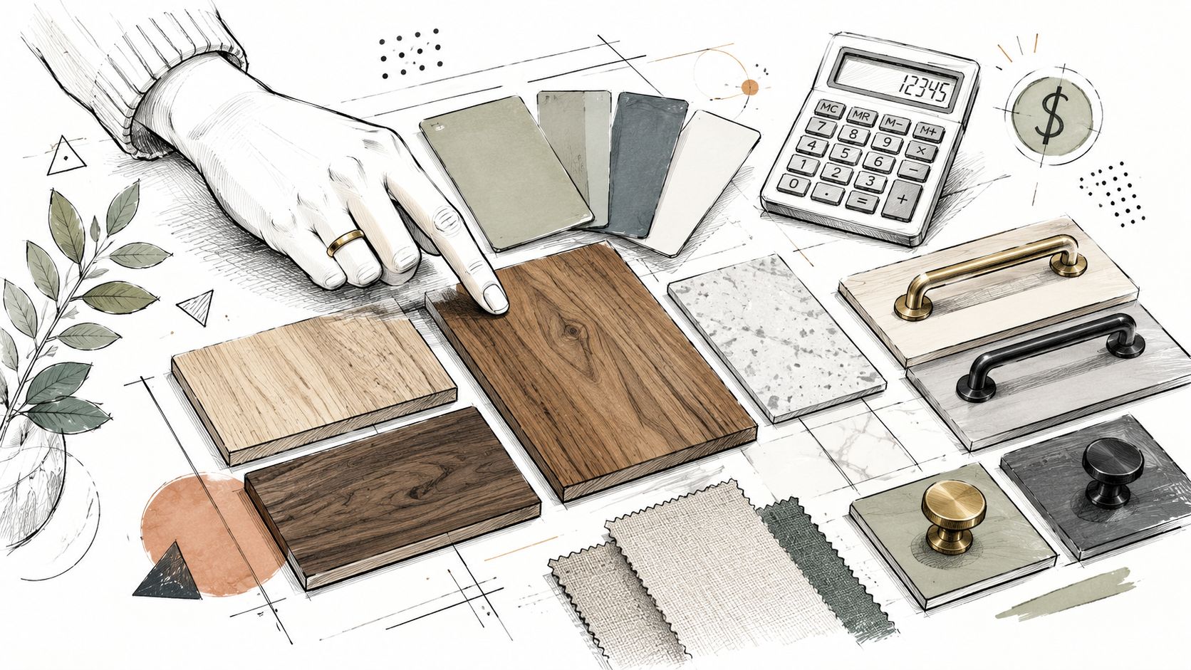 En hånd peger på en træprøve på et arkitektbord med materialer, stofprøver og en lommeregner til indretning.