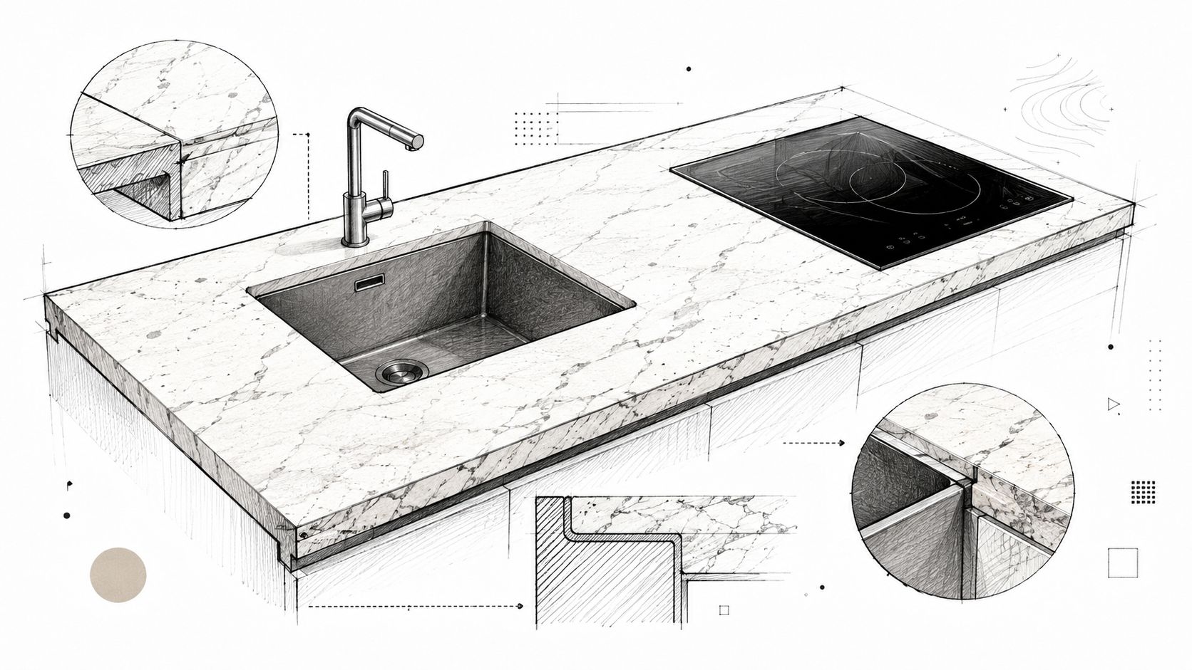 En detaljeret arkitektonisk skitse af en køkkenbordplade i sten med integreret vask og kogeplade.