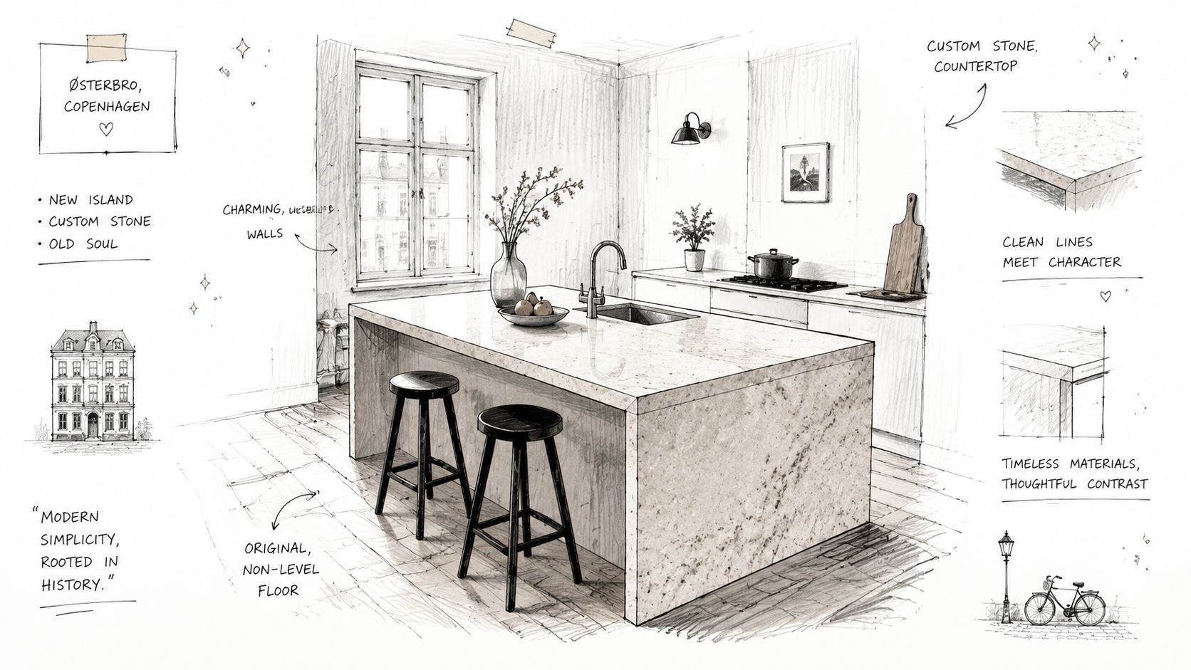 En arkitektonisk skitse af et køkken i København med en moderne stenbordplade og charmerende historiske detaljer.