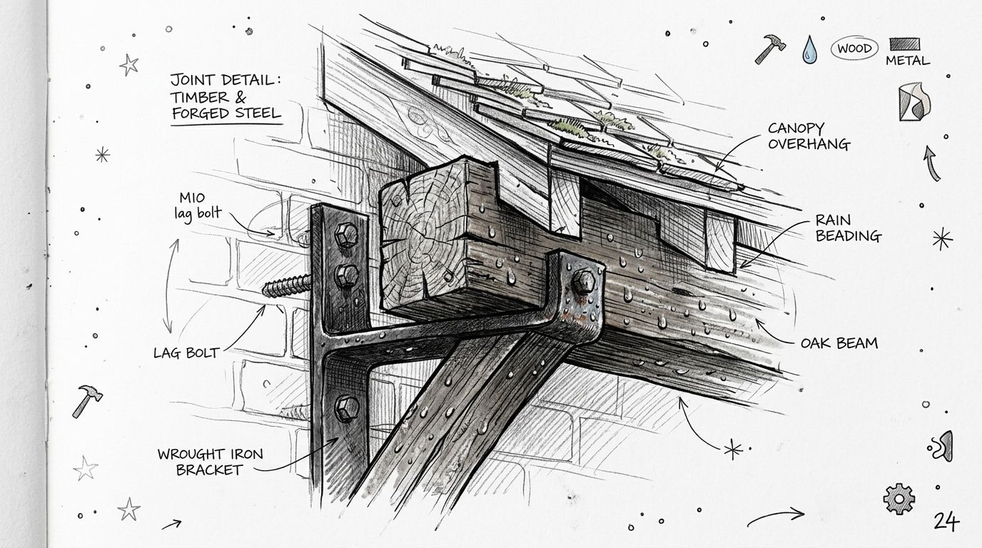En detaljeret arkitektonisk skitse af en overdækning ved dør, der viser samling af egetræ og smedejern.