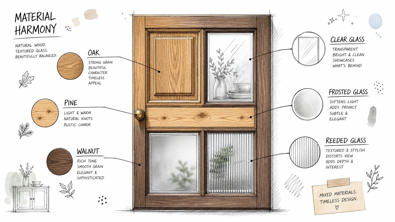 Illustration af en dør kombineret med forskellige træsorter og glastyper for et harmonisk og stilfuldt interiørdesign.