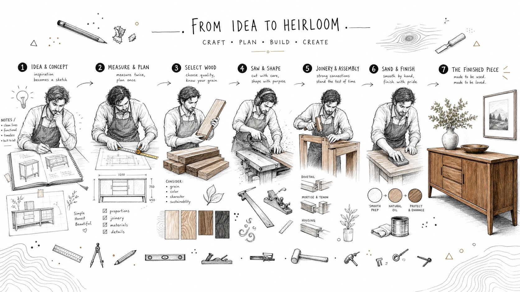 En detaljeret illustration af en snedkers syvtrins proces fra idé til færdigt møbel.