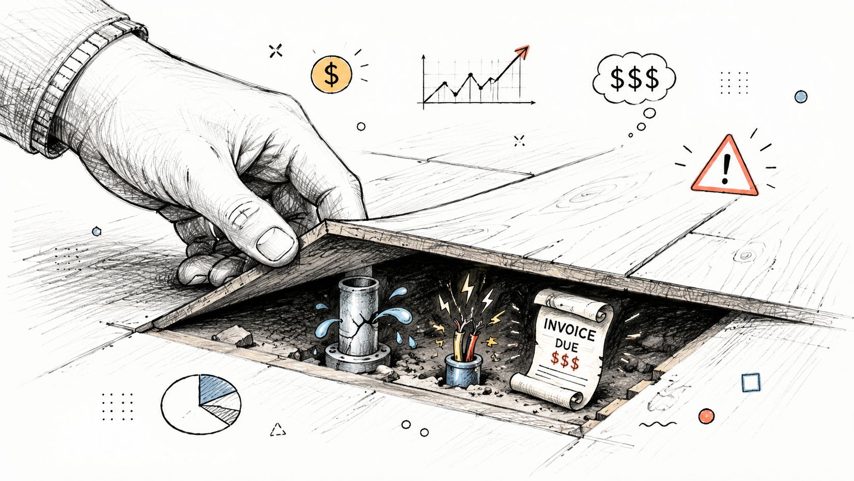 En hånd løfter et trægulv, der afslører skjulte problemer med utætte rør, elektriske kabler og uventede regninger.