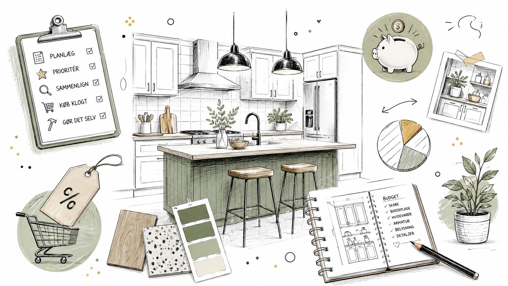 En illustration af en køkkenrenovering med tjekliste, budgetplanlægning, materialeprøver, indkøbsvogn og en skitse af et køkken.