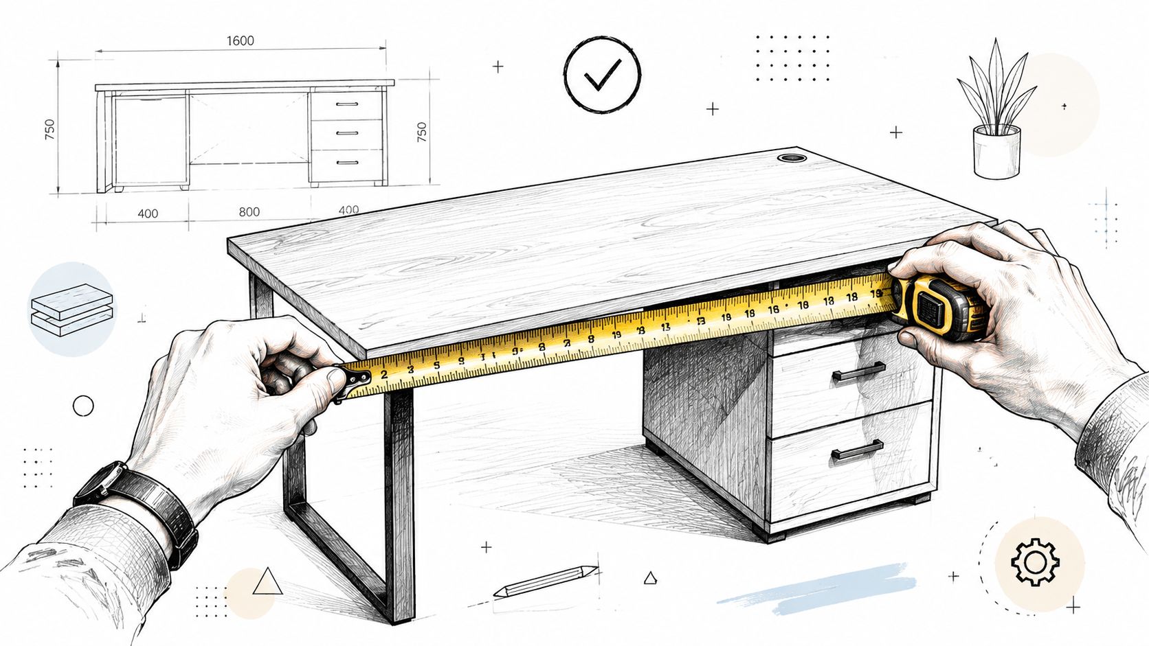 Illustration af hænder der måler et skrivebord med et målebånd for at kontrollere dimensionerne under montering.