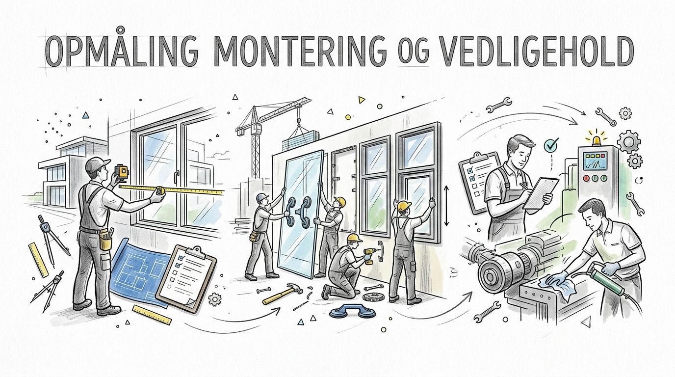 Illustration af arbejdsprocesser for vindues- og dørinstallation, herunder opmåling, montering og vedligeholdelse af byggeelementer.