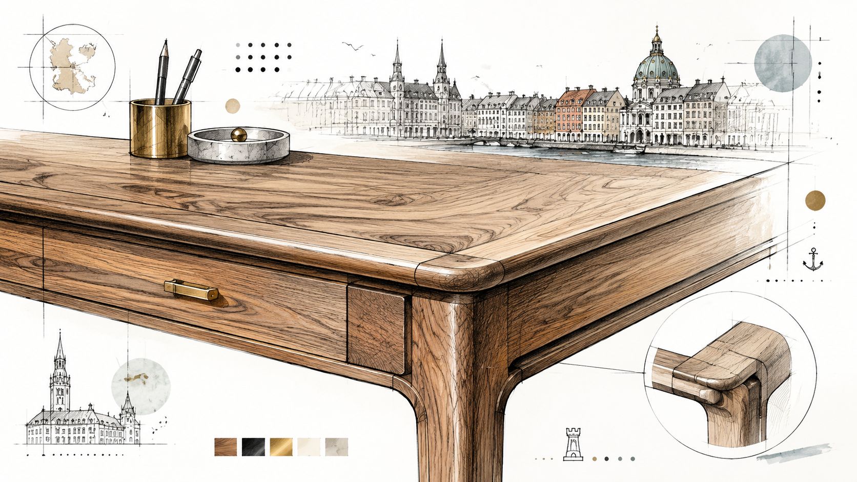 En detaljeret illustration af et smukt træskrivebord med arkitektoniske skitser og en byskyline i baggrunden.