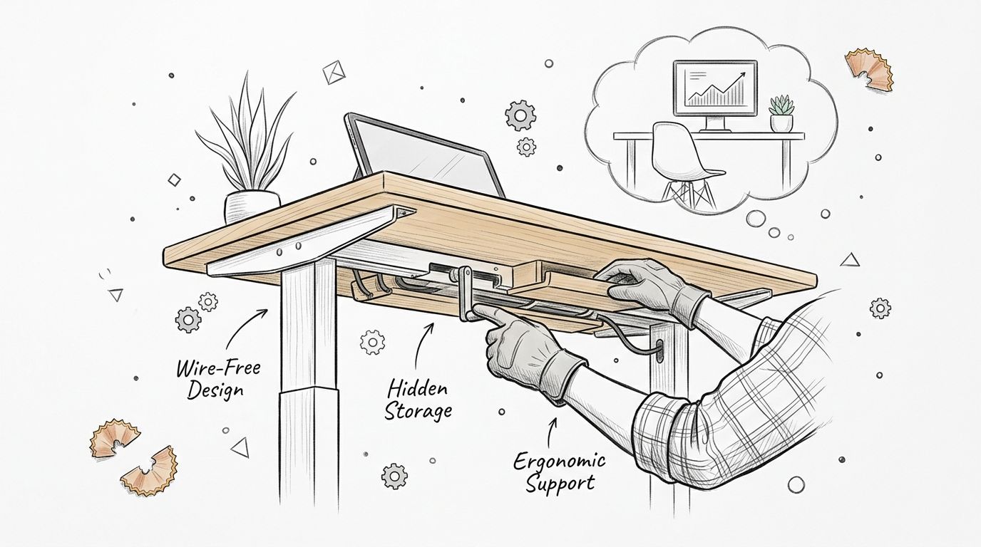 En illustration af et manuelt hæve sænkebord med skjult opbevaring, ergonomisk støtte og et stilrent design.