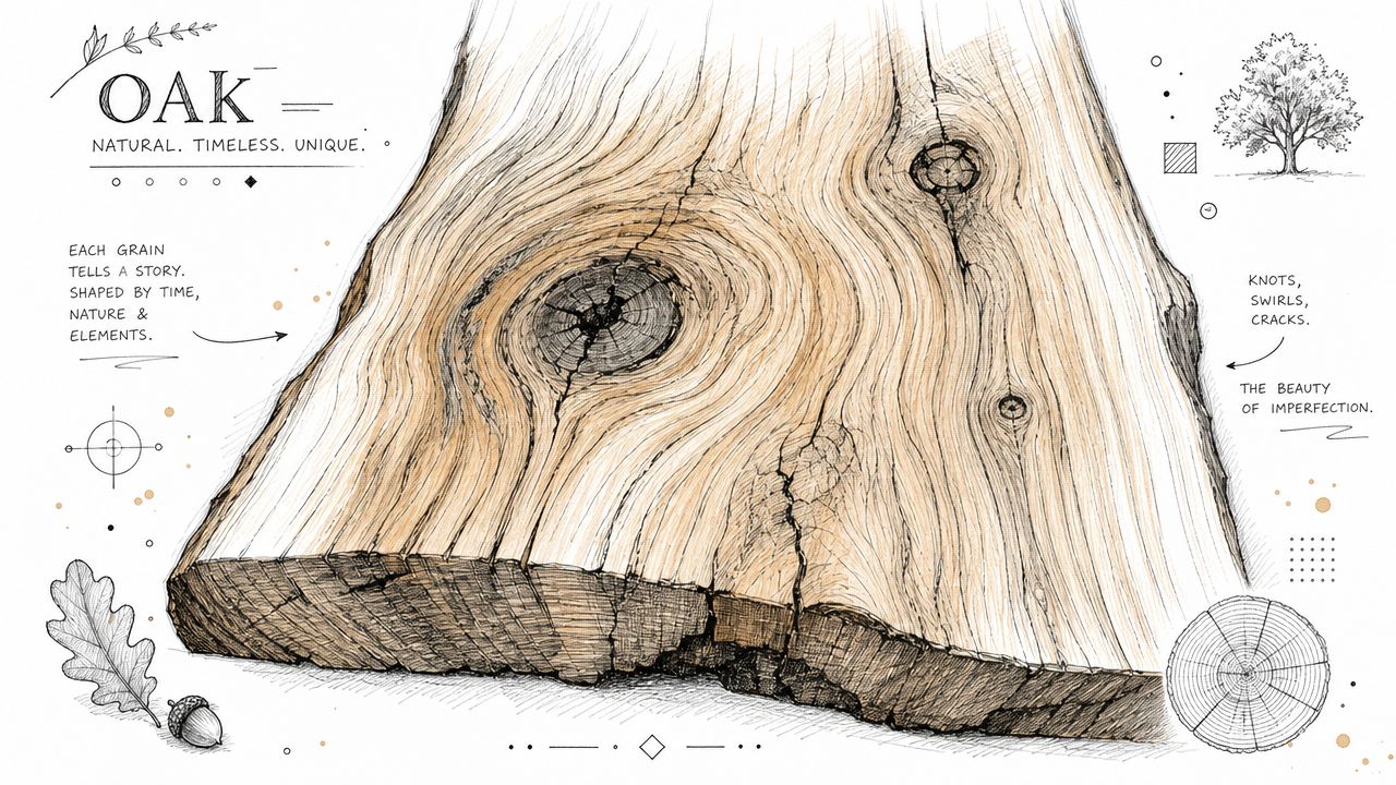 En kunstnerisk illustration af et egetræsplanke med tydelige årer, knaster og naturlige detaljer af egetræ.