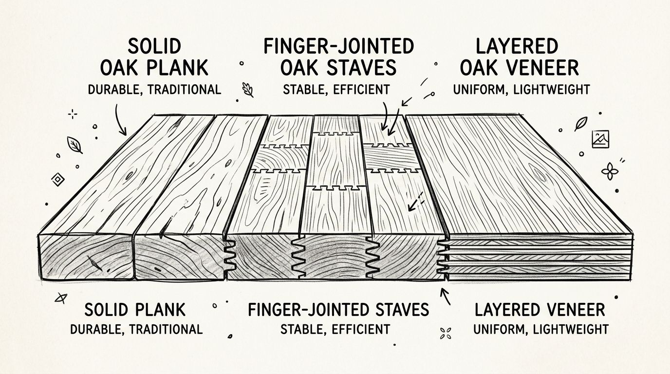 Illustration der viser forskellen mellem massivt egetræ, fingersamlede egetræsstave og lagdelt egetræsfiner som bordpladematerialer.