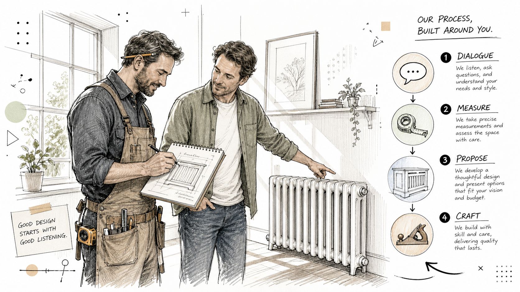 Håndværker og kunde diskuterer design af en stilfuld radiatorskjuler i et lyst og moderne hjemmemiljø.