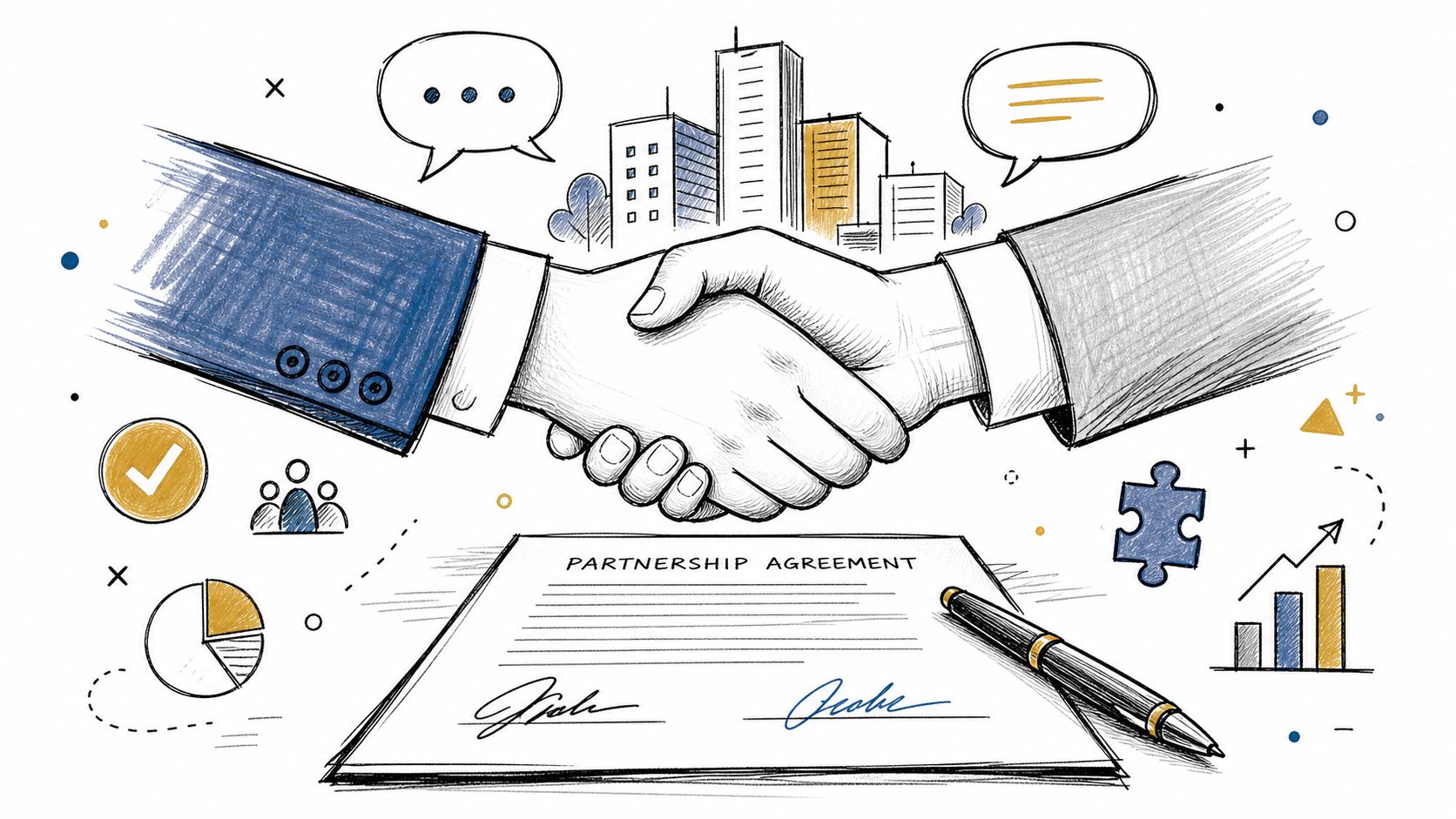 En illustration af to forretningshænder der giver håndtryk over en underskrevet partnerskabsaftale med diverse business-symboler.
