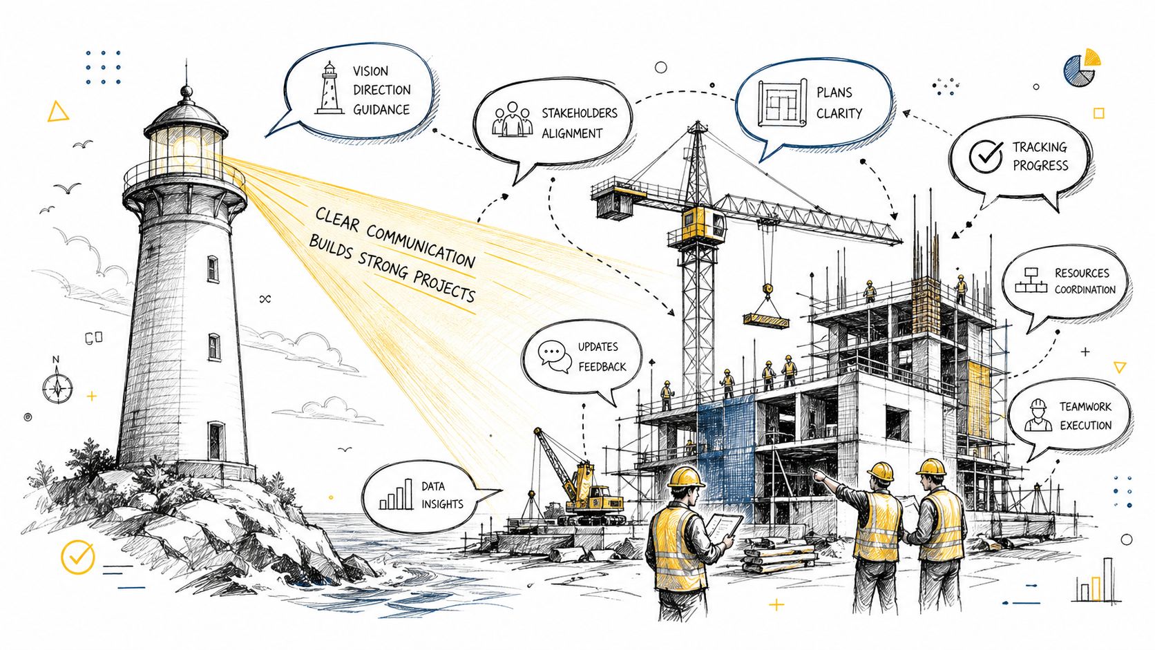 Illustration af et fyrtårn og en byggeplads, der symboliserer klar kommunikation og planlægning i byggeprojekter.