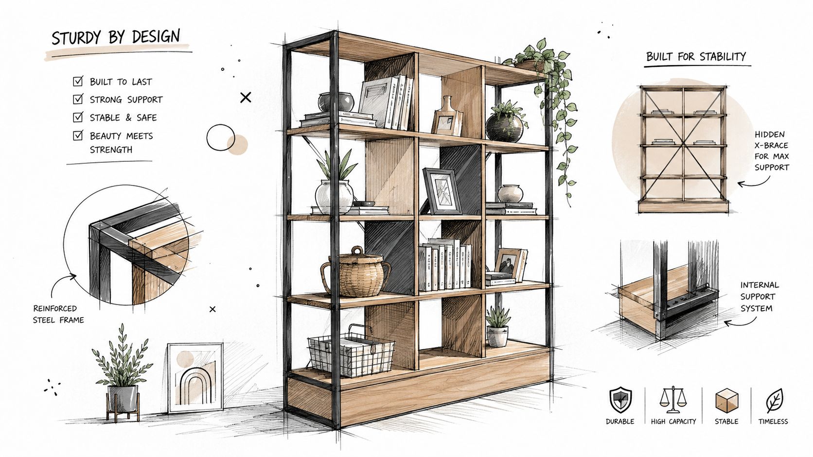 En detaljeret illustration af en robust bogreol med stålramme, dekorative elementer og forskellige smarte konstruktionsdetaljer for stabilitet.